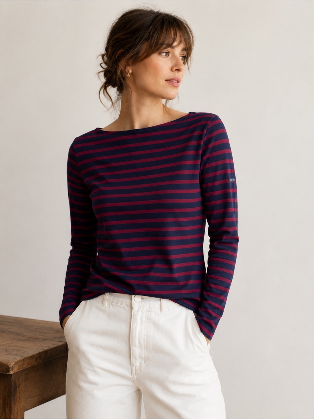 Saint James Breton Stripe Boat Neck Top Navy Burgundy Est Medium US 8